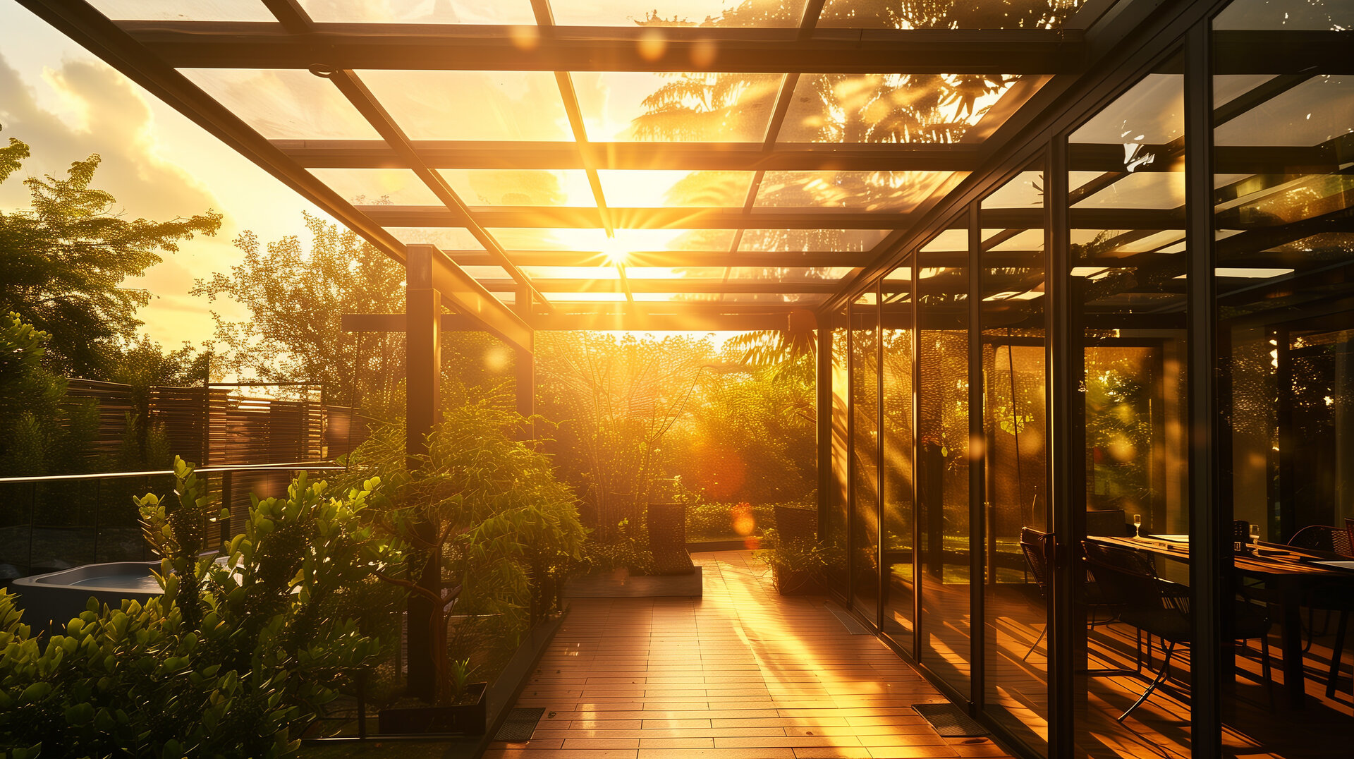 Das Bild zeigt eine elegante Terrassenüberdachung, die in den warmen Farben des Sonnenuntergangs erstrahlt. Diese Überdachung besteht aus großen Glasflächen, die von einem stabilen Metallrahmen getragen werden. Diese Konstruktion ermöglicht eine ungehinderte Sicht nach draußen und lässt viel natürliches Licht herein, was den Raum in ein warmes, goldenes Licht taucht.