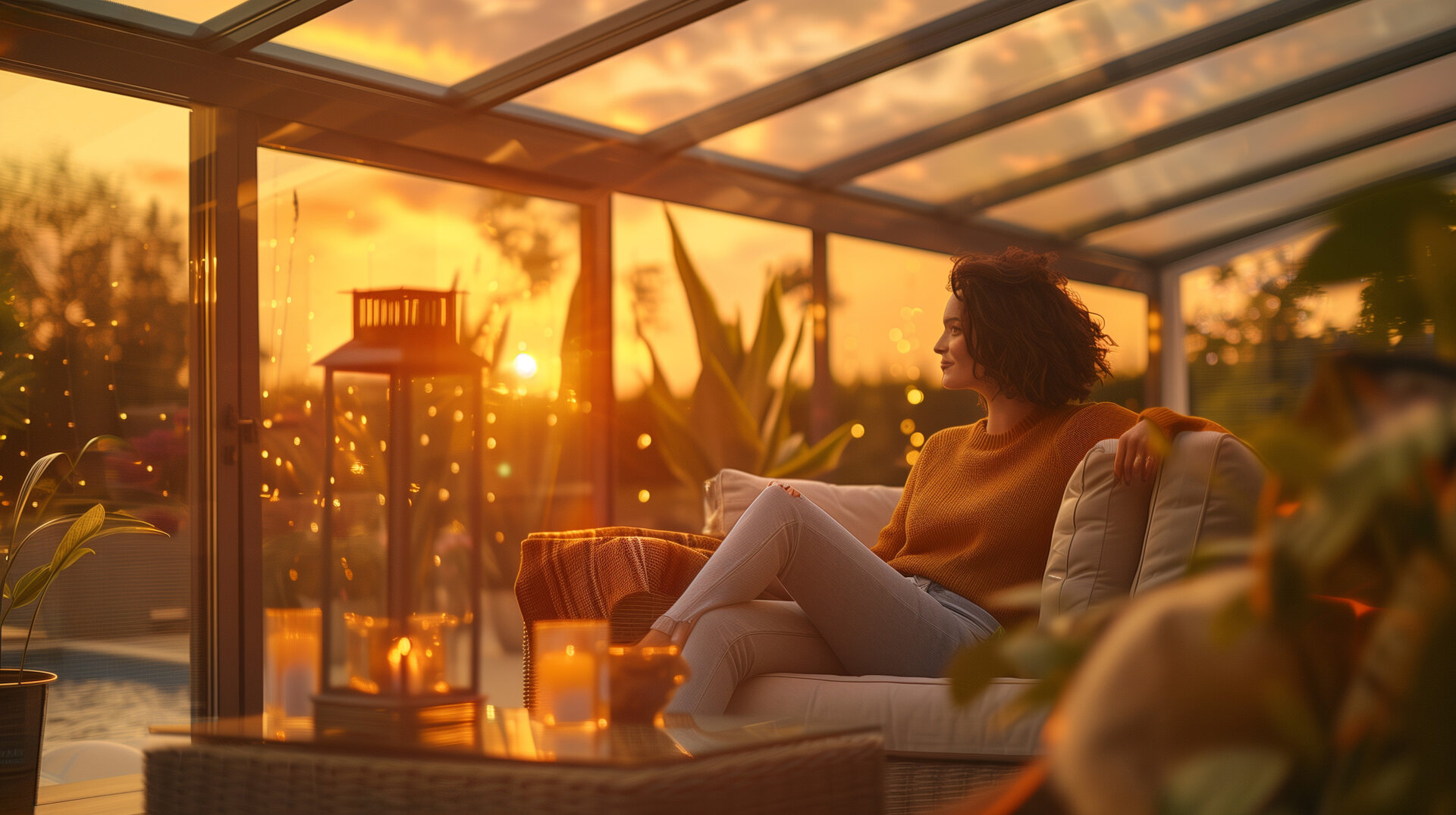 Das Bild zeigt eine gemütliche Szene unter einer Terrassenüberdachung bei Sonnenuntergang. Eine Frau sitzt entspannt in einem bequemen Sessel, während die warmen Strahlen der untergehenden Sonne durch die Glasüberdachung scheinen. Die Atmosphäre wird durch die sanfte Beleuchtung und die goldenen Farben des Sonnenuntergangs verstärkt, die den gesamten Raum in ein warmes Licht tauchen.
