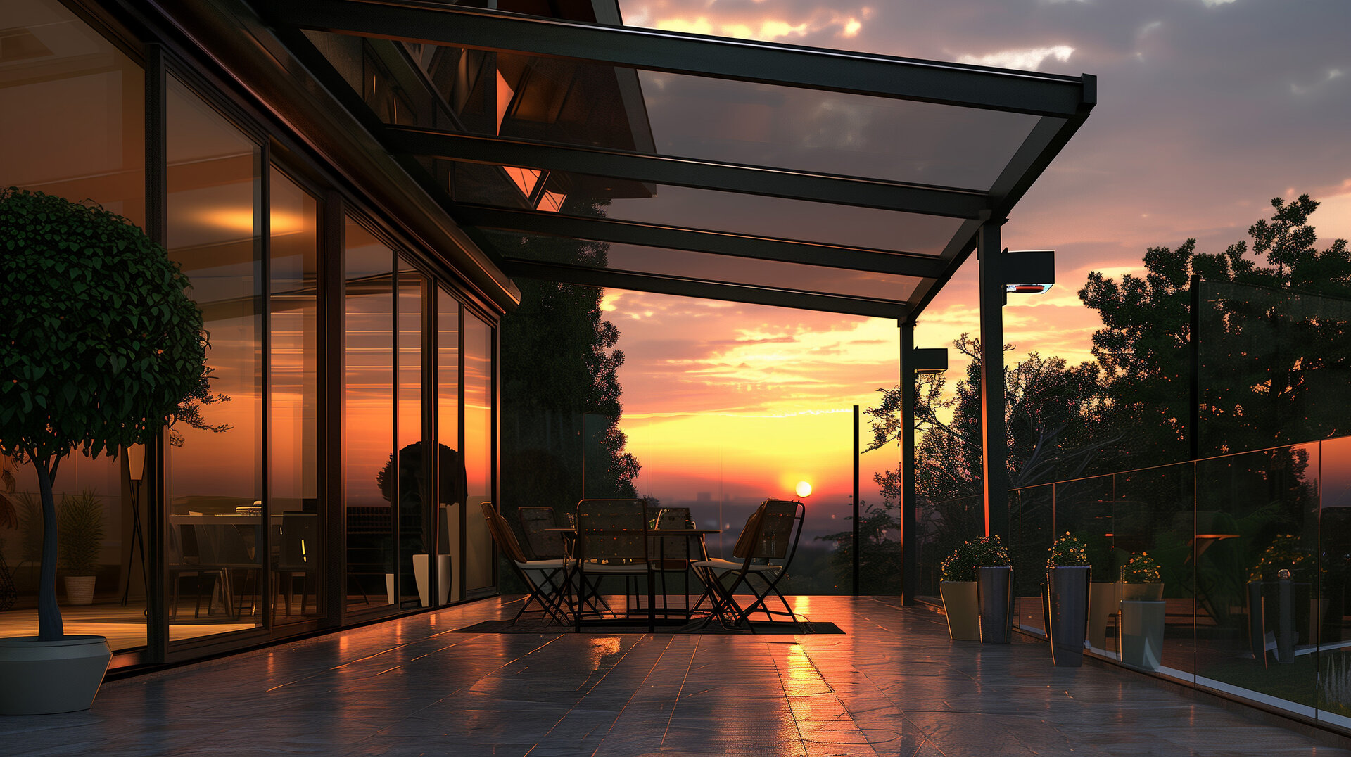Das Bild zeigt eine elegante Terrasse, die mit einer modernen Überdachung ausgestattet ist. Die Überdachung besteht aus klaren Glasplatten, die von einem stabilen Metallrahmen getragen werden. Die Terrasse ist in den Abendstunden aufgenommen, wodurch ein malerischer Sonnenuntergang im Hintergrund zu sehen ist. Die warmen Farben des Sonnenuntergangs spiegeln sich auf den Glasflächen und dem glänzenden Boden der Terrasse wider und schaffen eine stimmungsvolle Atmosphäre.